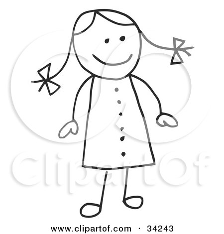 Clipart Illustration of a Cute Stick Girl In A Dress, Her Hair In Pig Tails by C Charley-Franzwa