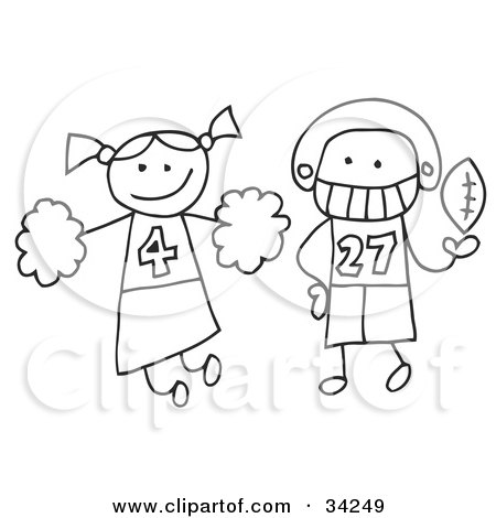 Clipart Illustration of a Stick Cheerleader And Football Player by C Charley-Franzwa