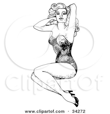 Clipart Illustration of a Seductive Black And White Pinup Girl Holding Up Her Hair by C Charley-Franzwa