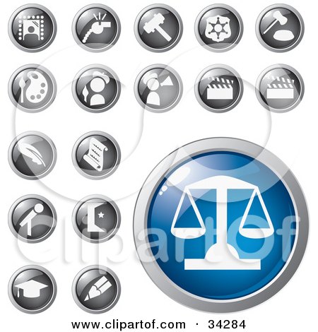 Clipart Illustration of a Blue Scales Of Justice Icon Button With A Set Of Legal, Entertainment, Art And Educational Icons by Eugene