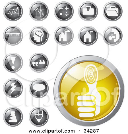 Clipart Illustration of a Yellow Thumb Print Identity Icon Button With A Set Of Graph, Math, Punctuation And Other Icons by Eugene