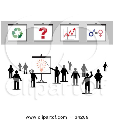 Clipart Illustration of a Group Of Silhouetted People Standing And Waving, One Pointing To A Light Bulb On A Board, Other Boards On Top by Eugene