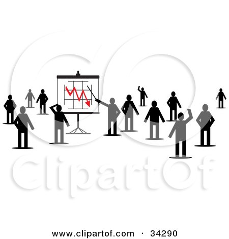 Clipart Illustration of a Group Of Silhouetted People Standing And Waving, One Pointing To A Decreasing Chart On A Board by Eugene
