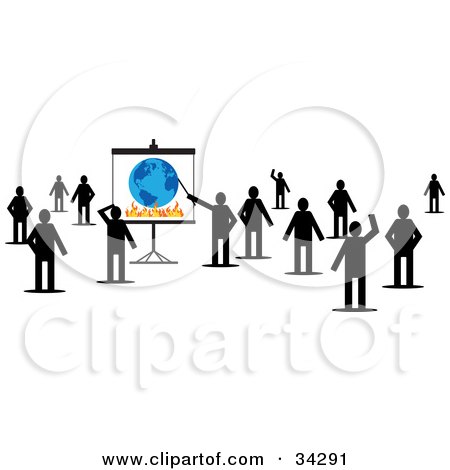 Clipart Illustration of a Group Of Silhouetted People Standing And Waving, One Pointing To A Globe And Flames On A Board by Eugene