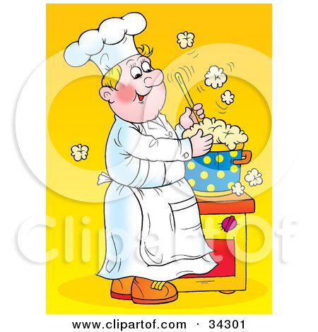 Clipart Illustration of a Happy Blond Male Chef Stirring A Hot Pot Of Over Flowing Soup In A Kitchen by Alex Bannykh