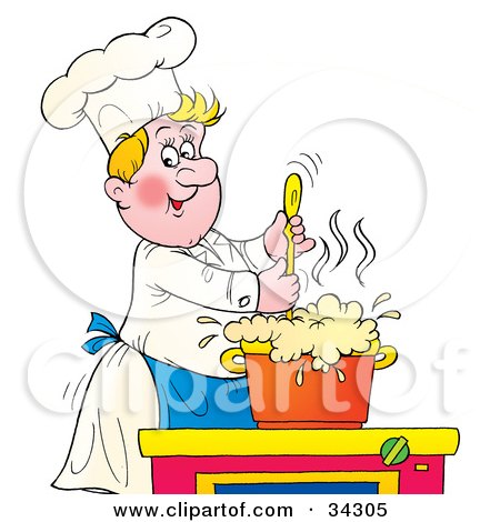 Clipart Illustration of a Jolly Blond Male Chef Stirring A Pot Of Foaming Soup by Alex Bannykh