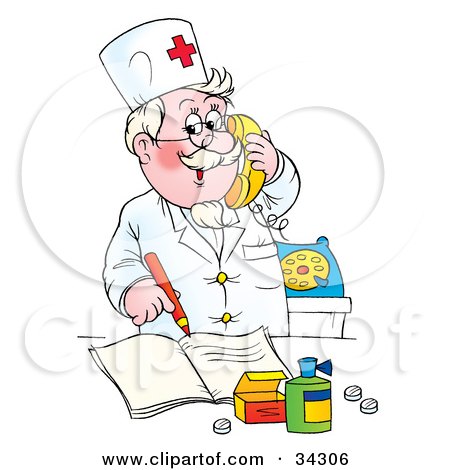Clipart Illustration of a Jolly Senior Pharmacist Taking Prescription Orders By Phone by Alex Bannykh