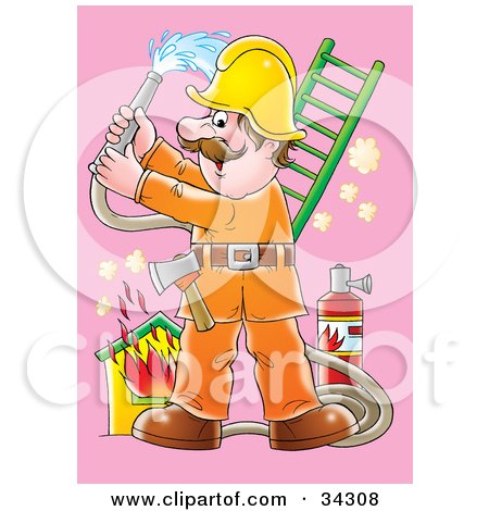 Clipart Illustration of a Fireman With An Ax On His Belt, Holding Up A Hose And Preparing To Extinguish A House Fire by Alex Bannykh