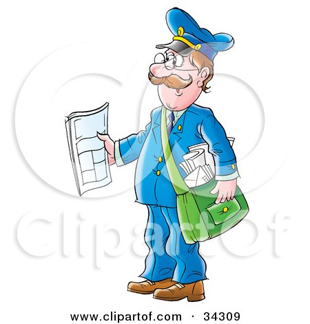 Clipart Illustration of a Friendly Caucasian Mailman Holding Out A Newspaper While Delivering Post by Alex Bannykh