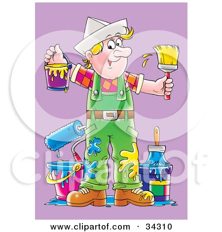 Clipart Illustration of a Messy Blond Caucasian Male Painter With Blue And Yellow Paint Splatters On His Overalls, Holding A Bucket And Paintbrush by Alex Bannykh