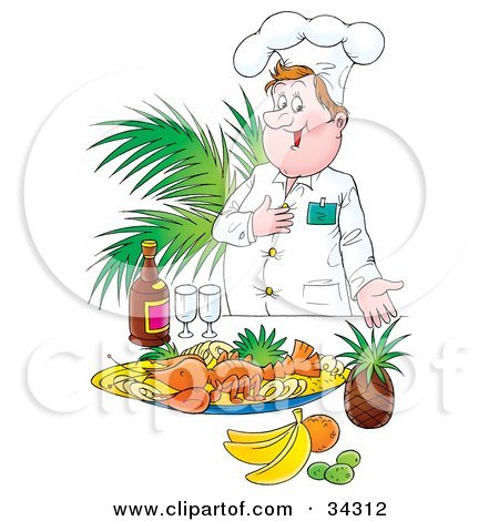 Clipart Illustration of a Proud Male Chef Presenting His Diners With A Lobster Meal With Fruit And Champagne by Alex Bannykh