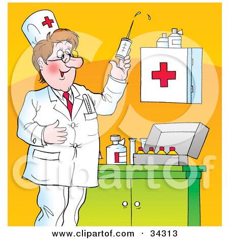Clipart Illustration of a Smiling Male Caucasian Doctor Testing A Syringe While Preparing To Give Vaccines by Alex Bannykh