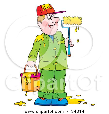 Clipart Illustration of a Friendly Male Painter Dressed In Green, Holding A Dripping Paint Bucket And Holding A Paint Roller With Yellow Paint by Alex Bannykh
