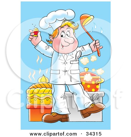 Clipart Illustration of a Happy Blond Male Chef Dancing In A Kitchen With A Pepper Shaker And A Soup Ladle by Alex Bannykh