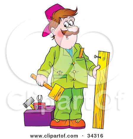 Clipart Illustration of a Friendly Male Handyman In Green, Hammering A Nail Into A Wooden Board by Alex Bannykh