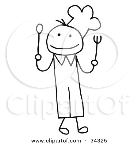 Clipart Illustration of a Stick Person Chef Holding A Spoon And Fork by C Charley-Franzwa