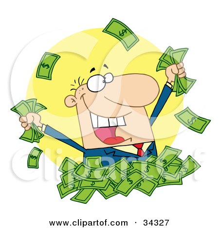 Clipart Illustration of a Happy Caucasian Man In A Pile Of Cash, Holding And Throwing Money by Hit Toon