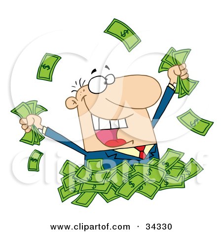 Clipart Illustration of a Happy Caucasian Businessman Playing In A Pile Of Money by Hit Toon