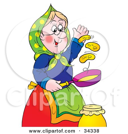 Clipart Illustration of a Blond Granny Flipping Hot Pancakes In A Pan by Alex Bannykh