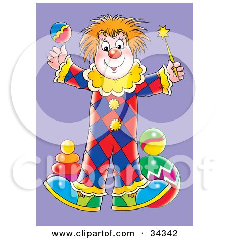 Clipart Illustration of a Cute Circus Clown Juggling A Ball And Magic Wand by Alex Bannykh
