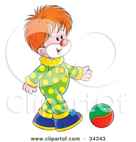 Clipart Illustration of an Adorable Red Haired Clown In A Green And Yellow Polka Dot Costume, Kicking A Ball by Alex Bannykh