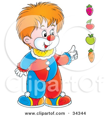 Clipart Illustration of an Adorable Red Haired Clown Pointing To A Strawberry, Cherry, Apple And Carrot by Alex Bannykh