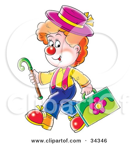 Clipart Illustration of an Adorable Red Haired Clown In A Hat, Carrying A Cane And Floral Briefcase by Alex Bannykh