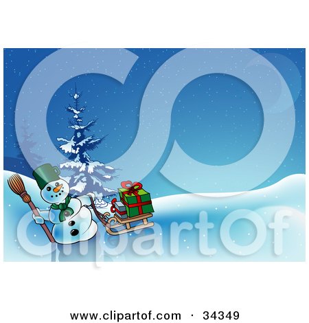 Clipart Illustration of a Snowman Carrying A Broom And Pulling Gifts On A Sled Over An Icy Hill On A Snowy Blue Night by dero