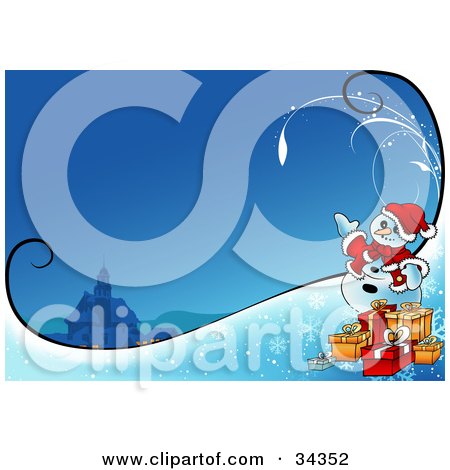 Clipart Illustration of a Friendly Snowman In A Santa Suit, Standing By Christmas Presents And Waving, Near A Church, At Night Time by dero