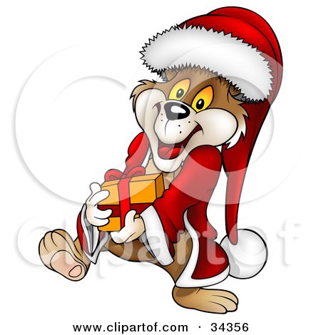 Clipart Illustration of a Cute Christmas Bear In A Santa Suit And Hat, Waddling And Carrying A Present by dero