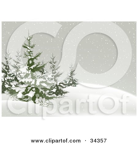 Clipart Illustration of Snow Falling On And Around A Cluster Of Evergreen Trees On A Hill In The Winter by dero