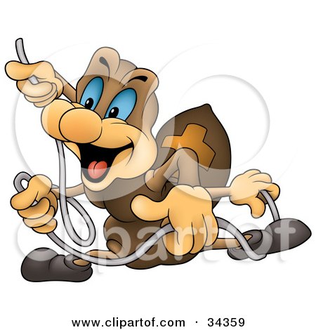 Clipart Illustration of a Cute Brown Spider With Blue Eyes, Holding Onto A Long String by dero