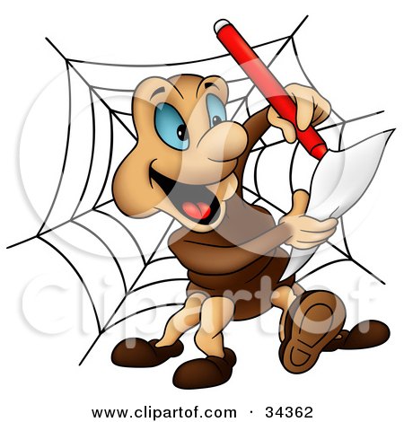 Clipart Illustration of a Cute Brown Spider Taking Notes While Inspecting A Nicely Spun Web by dero