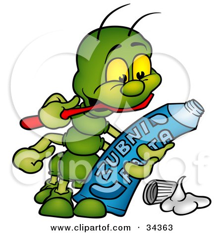 Clipart Illustration of a Cute Green Caterpillar Reading The Information On The Back Of A Toothpaste Tube While Brushing His Teeth by dero