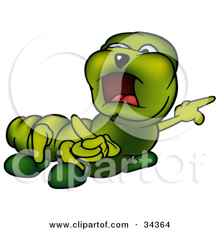 Clipart Illustration of a Green Caterpillar Angrily Pointing To The Right While Yelling And Looking Left by dero