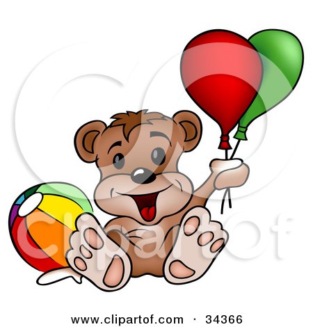 Clipart Illustration of a Cute Bear Cub With A Toy Ball, Leaning Back And Holding Onto Party Balloons by dero