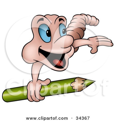 Clipart Illustration of a Cute Earthworm With Big Blue Eyes, Looking Back While Carrying A Green Colored Pencil by dero
