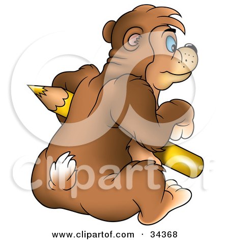 Clipart Illustration of a Blue Eyed Bear Holding And Leaning Against A Large Yellow Colored Pencil by dero