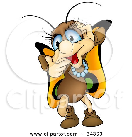 Clipart Illustration of a Pretty Female Butterfly Character With Big Blue Eyes And Yellow Wings, Wearing A Pearl Necklace And Touching Her Face by dero