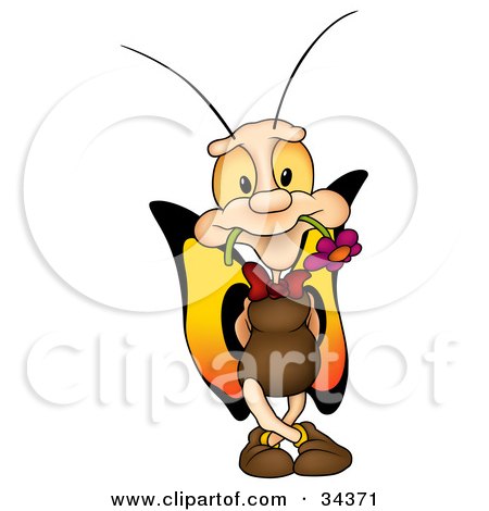 Clipart Illustration of a Romantic Male Butterfly Character With Big Yellow Eyes And Wings, Standing And Holding A Flower In His Mouth by dero