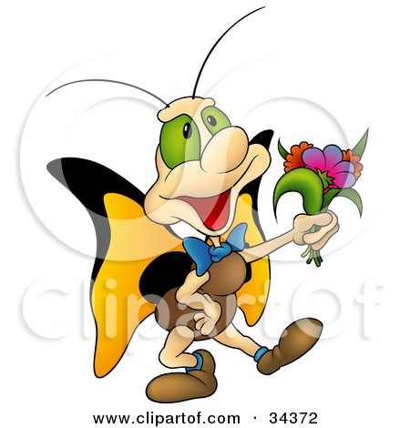 Clipart Illustration of a Sweet And Cute Butterfly Character With Big Green Eyes And Yellow Wings, Carrying A Bouquet Of Flowers For His Loved One by dero