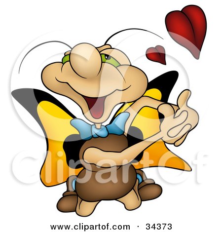 Clipart Illustration of an Infatuated Cute Butterfly Character With Green Eyes And Yellow Wings, Kneeling And Pretending To Embrace Someone, With A Red Heart by dero