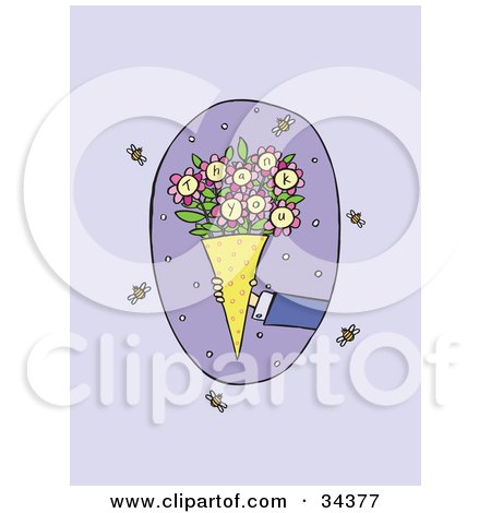 Clipart Illustration of a Gentleman's Hand Holding Out Thank You Flowers, With Honey Bees by Lisa Arts
