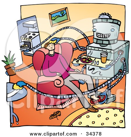 Clipart Illustration of a Helpful Robot Cooking, Cleaning And Serving Its Master A Meal In A Living Room by Lisa Arts