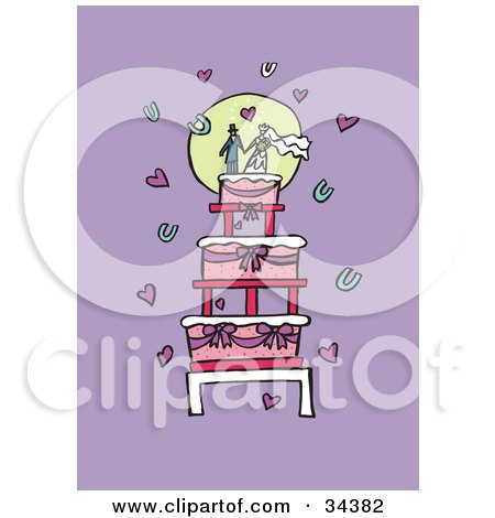 Clipart Illustration of a Loving Couple Holding Hands On Top Of A Wedding Cake, Surrounded By Hearts by Lisa Arts