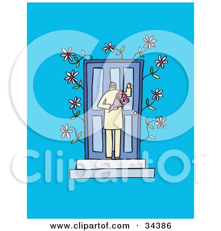 Clipart Illustration of a Sweet Man Knocking On A Blue Door And Holding Flowers Behind His Back by Lisa Arts