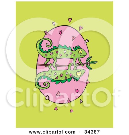 Clipart Illustration of a Pair Of Heart Patterned Green Chameleon Lizards On A Stick, Surrounded By Hearts by Lisa Arts