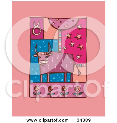 Clipart Illustration of a Scene Of Taurus Showing A Bull With Flowers by Lisa Arts