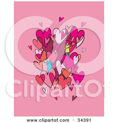 Clipart Illustration of a Loving Couple Admiring Each Other In A Cluster Of Pink And Red Hearts by Lisa Arts
