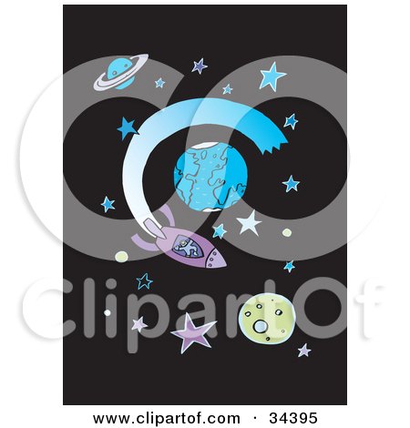 Clipart Illustration of a Person In A Purple Rocket, Shooting Around Planets In Starry Outer Space by Lisa Arts